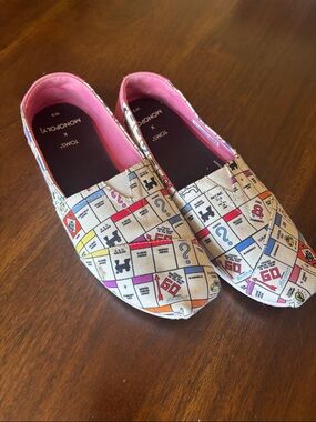 Toms Monopoly Print Canvas Flats in Cream with Pink Lining